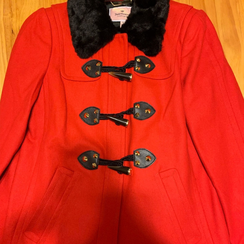 Juicy Couture Red Wool Toggle Duffle Coat with Fur - Picture 4 of 8